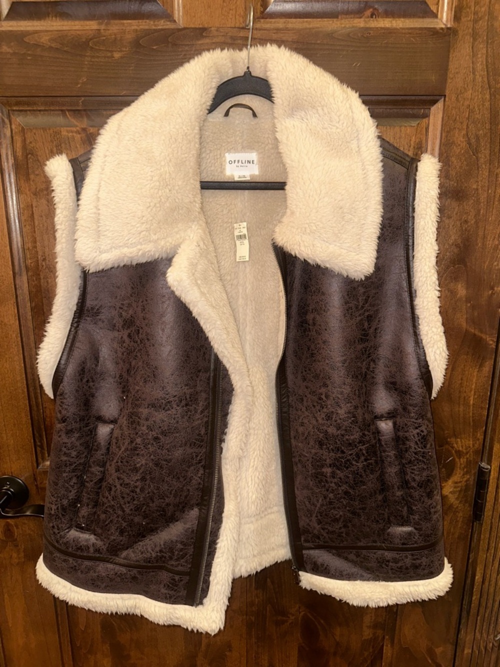 aerie Brown Faux-Leather Shearling Vest with Cream Lining